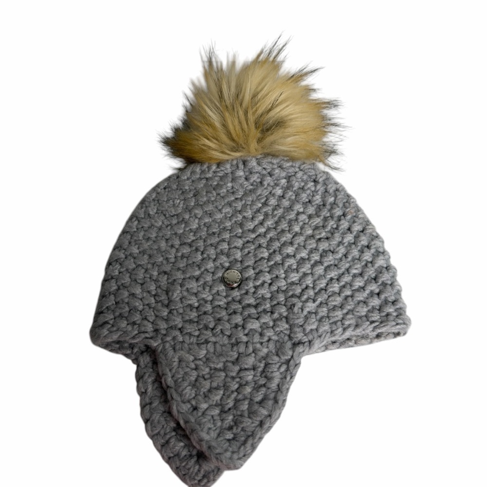 MICHAEL Michael Kors Gray Knit Hat with Tan Faux Fur Pom